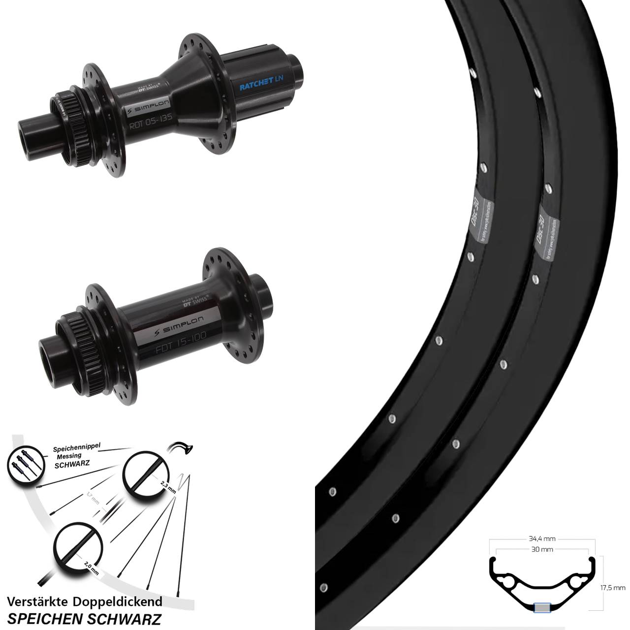 Laufrad-Satz 27,5 Zoll Ryde Disc 30-370 DT Swiss 370 Hybrid 8-11 fach 15x100 12x142