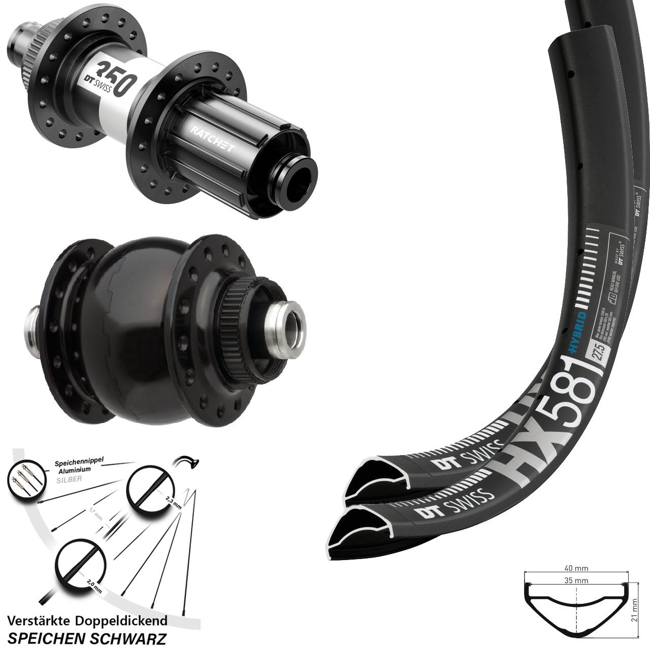 27,5 Zoll DT Swiss HX581 350 SON 28 Laufradsatz Centerlock 12x100/142 11-12 fach