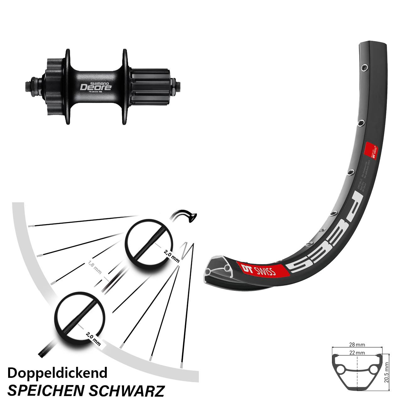 Disc Hinterrad QR 26 Zoll DT Swiss 533 D Shimano Deore 8-11 fach HG