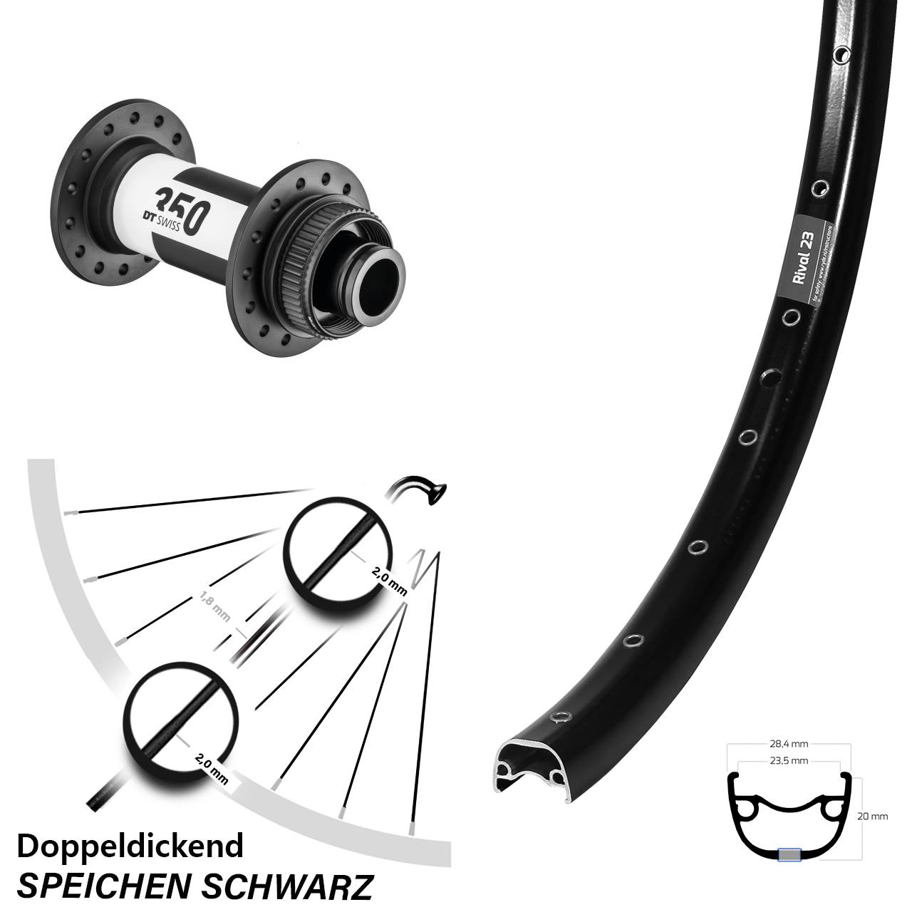 Laufrad 27,5 Zoll Ryde Rival 23 Disc schwarz DT Swiss 350 15x110 Centerlock