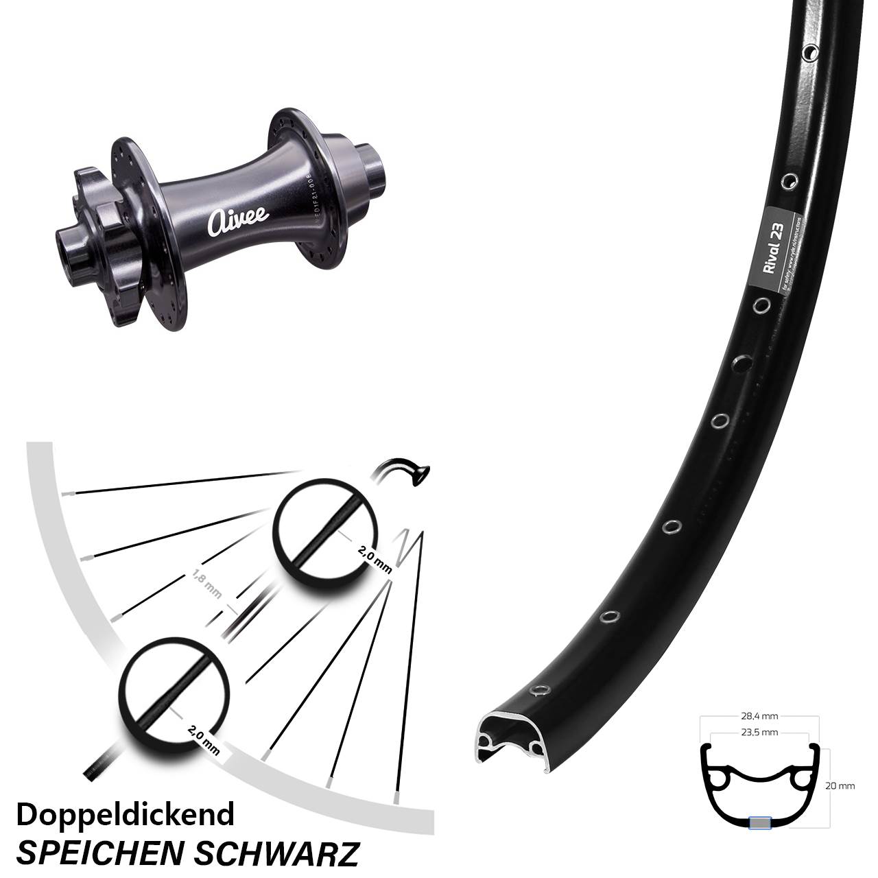 Laufrad 27,5 Zoll Ryde Rival 23 Disc schwarz Aivee Classic 15x110 6-Loch