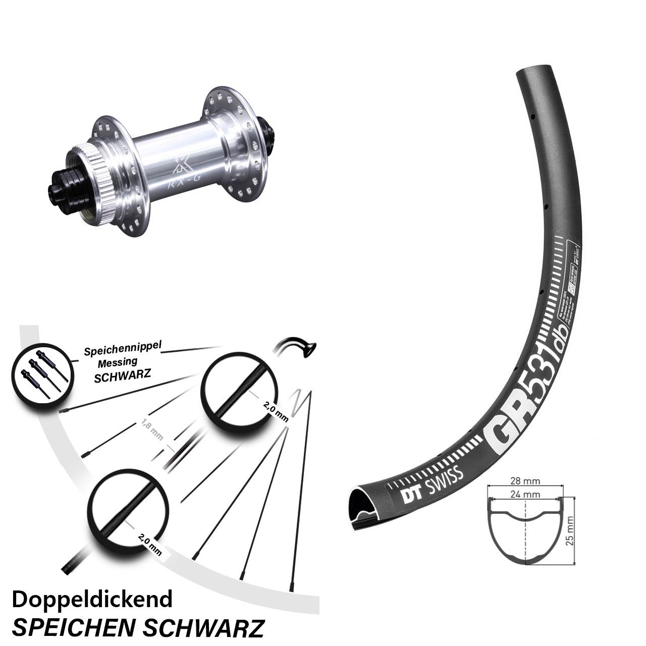 28-29 Zoll Vorderrad KX-G silbern Schnellspanner DT Swiss GR 531 DB Centerlock