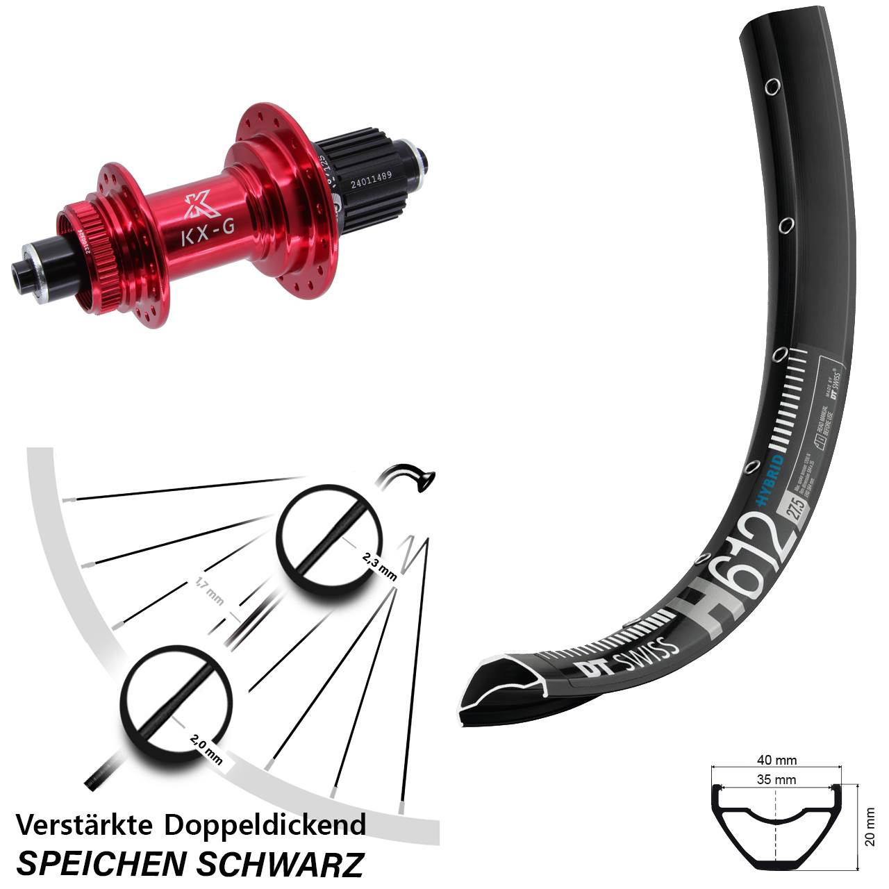 27,5 Zoll DT Swiss H612 KX-G rot Disc Hinterrad QR Shimano Micro Spline