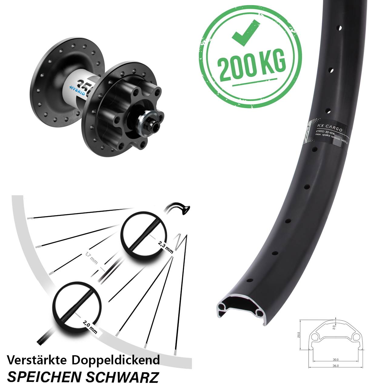 26 Zoll KX Cargo DT Swiss 350 Hybrid 6-Loch Vorderrad QR