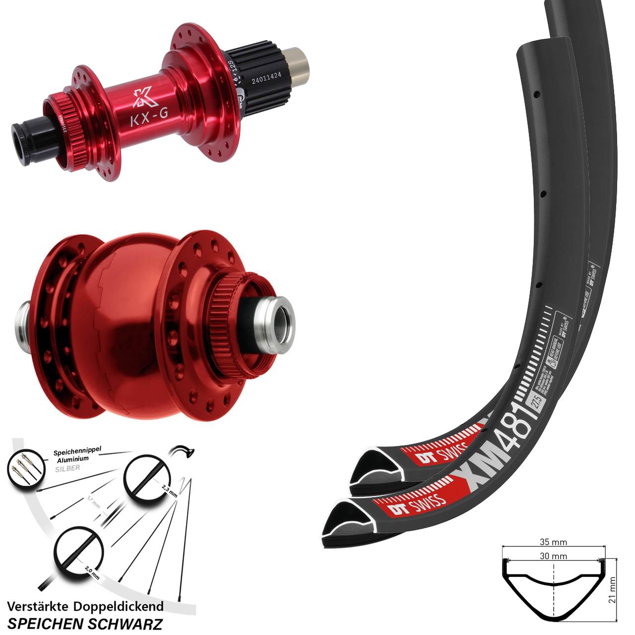 Disc Laufrad-Satz 27,5 Zoll DT Swiss XM481 KX-G rot SON 28 Micro Spline 12x100/142