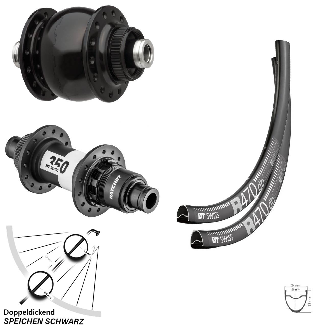 Laufradsatz DT Swiss R470-350 Sram XDR Dynamo SON 28 Zoll Centerlock Steckachse 12 mm
