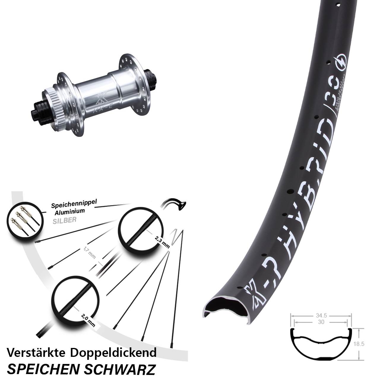 29 Zoll Vorderrad KX-ER Hybrid 30 verstärkt Centerlock silbern eloxiert