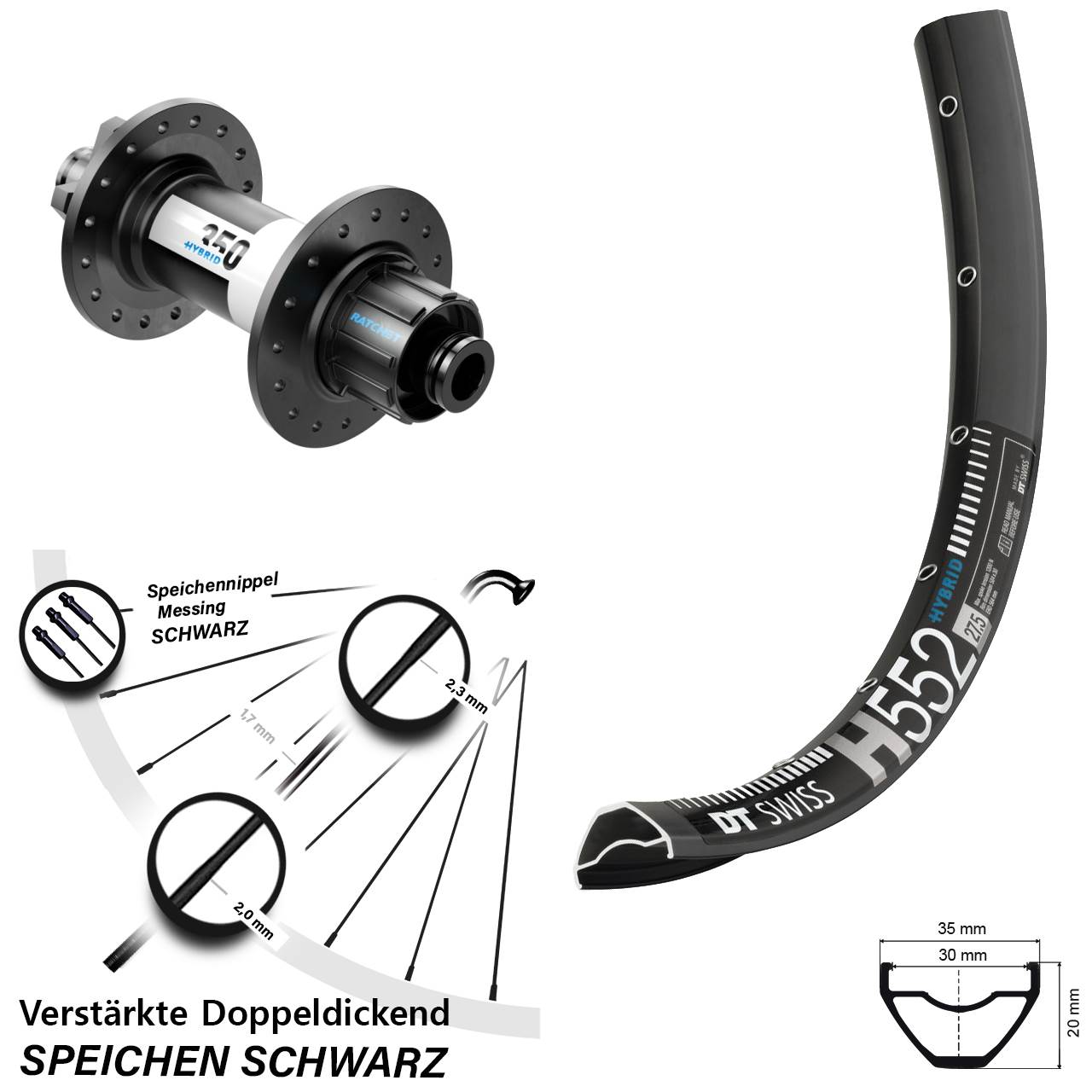 Hinterrad 27,5 Zoll DT Swiss H552-350 Hybrid 6-Loch 12/142 Singlespeed