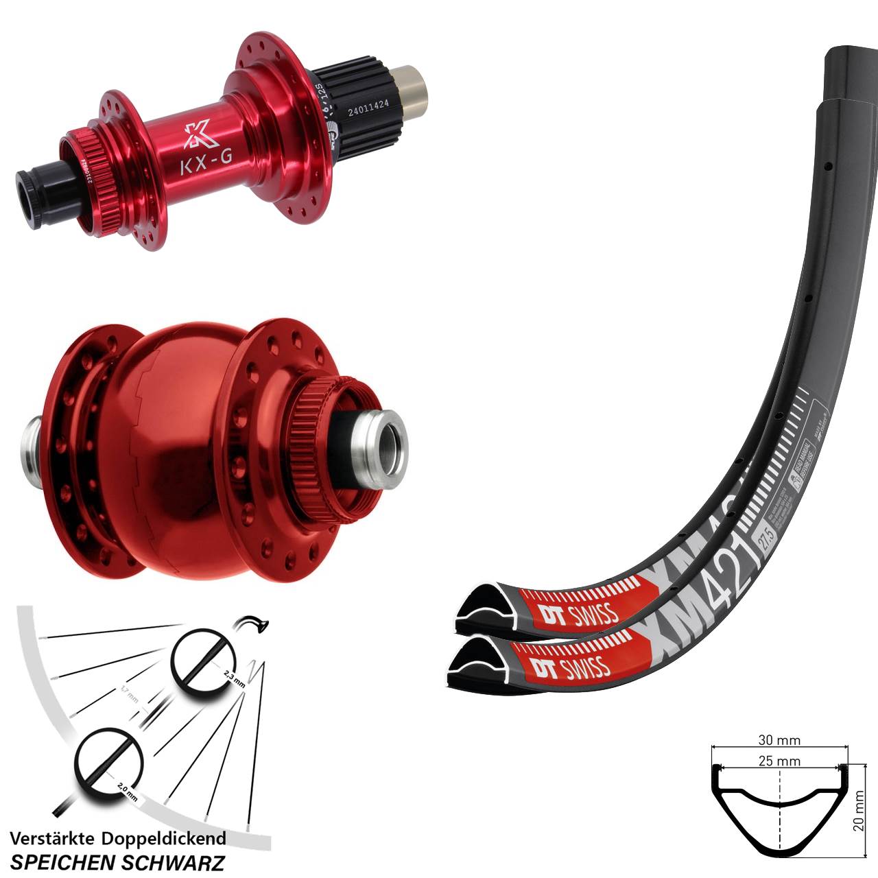 27,5 Zoll DT Swiss XM421 KX-G rot SON 28 Disc Laufradsatz 12x100/142 Micro Spline