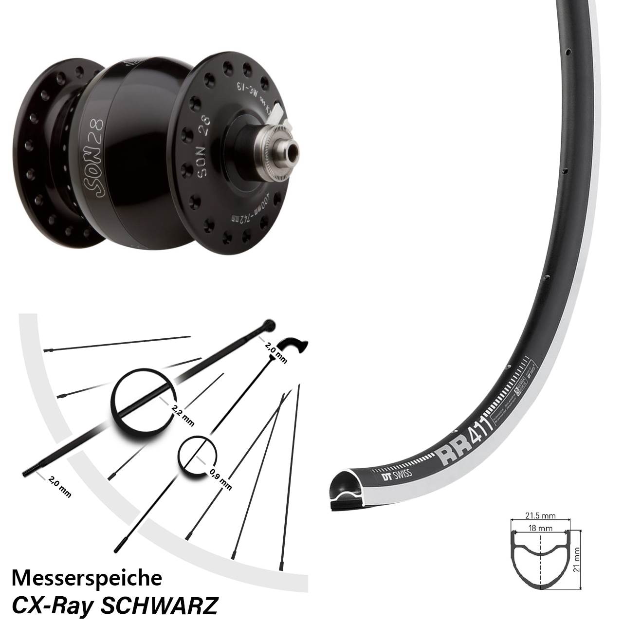 Vorderrad Son 28 Zoll Nabendynamo DT Swiss RR411 CX-Ray