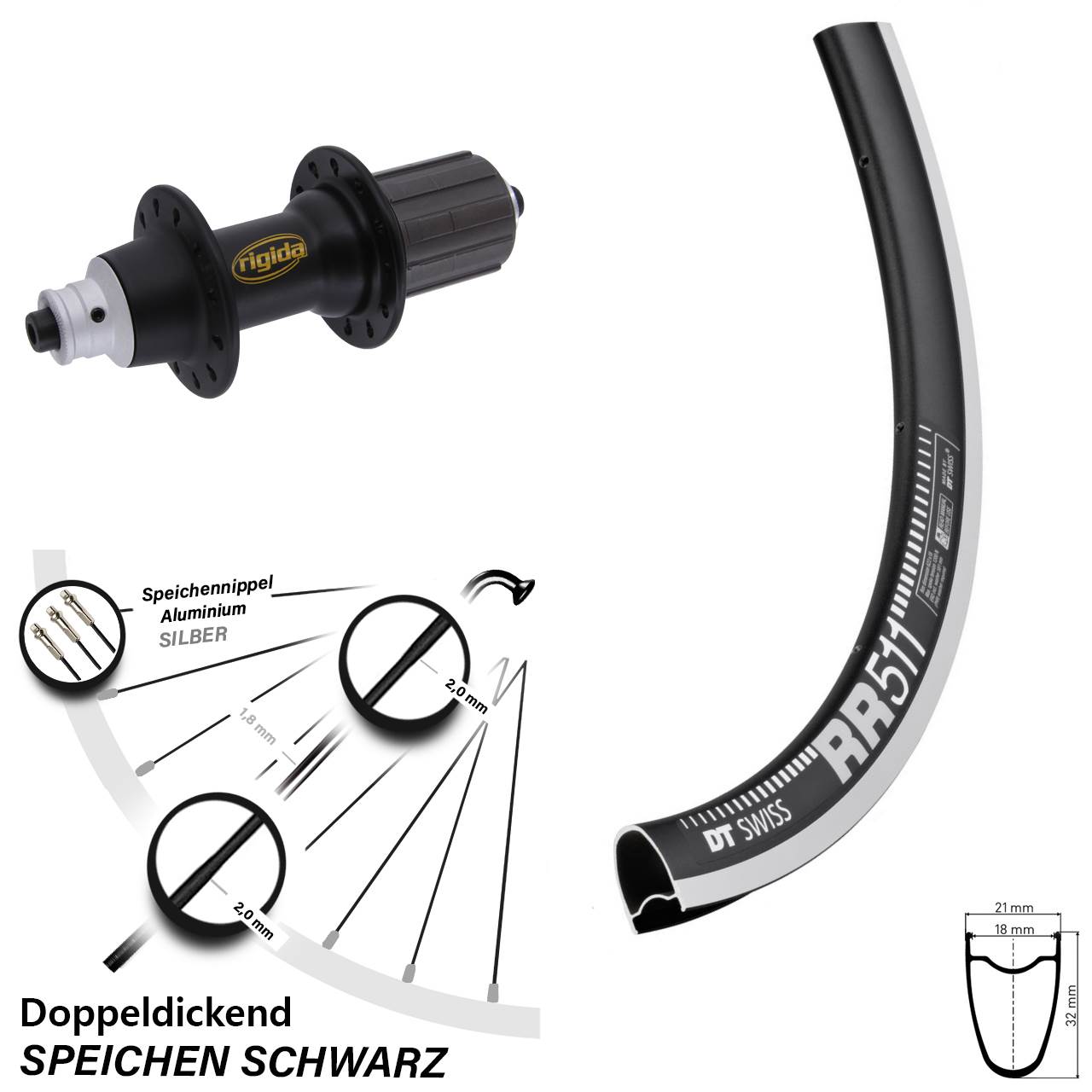 Hinterrad 28 Zoll DT Swiss RR 511 Rigida RWS 8-11 fach HG QR