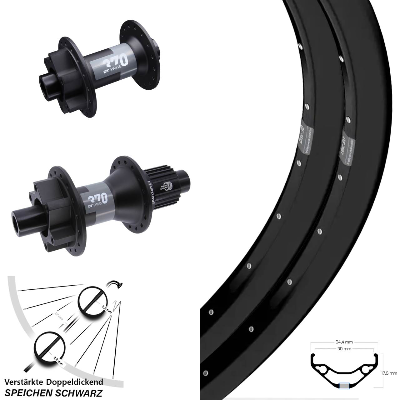 Disc Laufradsatz 15x100 12x142 27,5 Zoll Ryde Disc 30 DT Swiss 370 Shimano Micro Spline