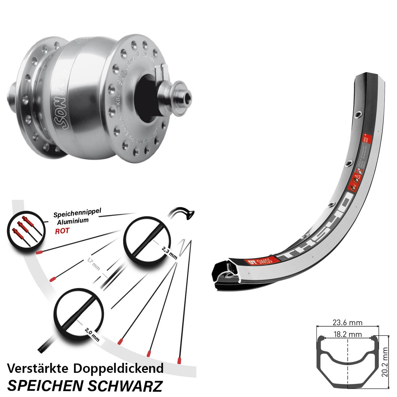 28 Zoll DT Swiss TK540 SONdelux Nabendynamovorderrad für Schnellspanner