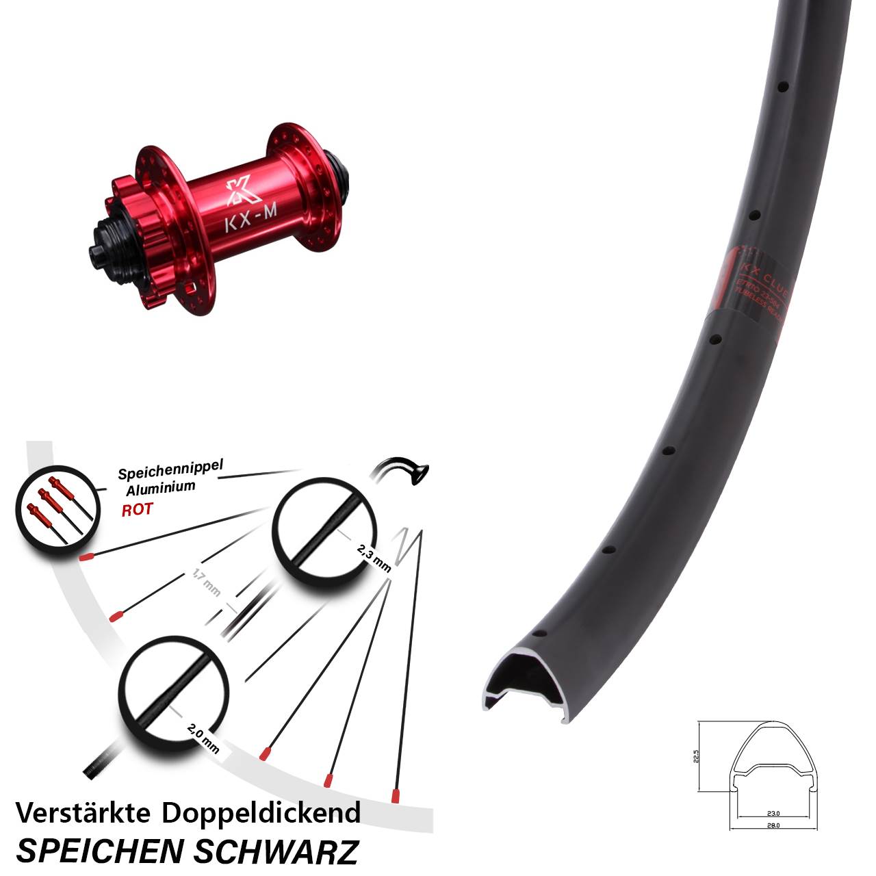 Vorderrad 6-Loch für Schnellspanner 26 Zoll KX-M Clue rot