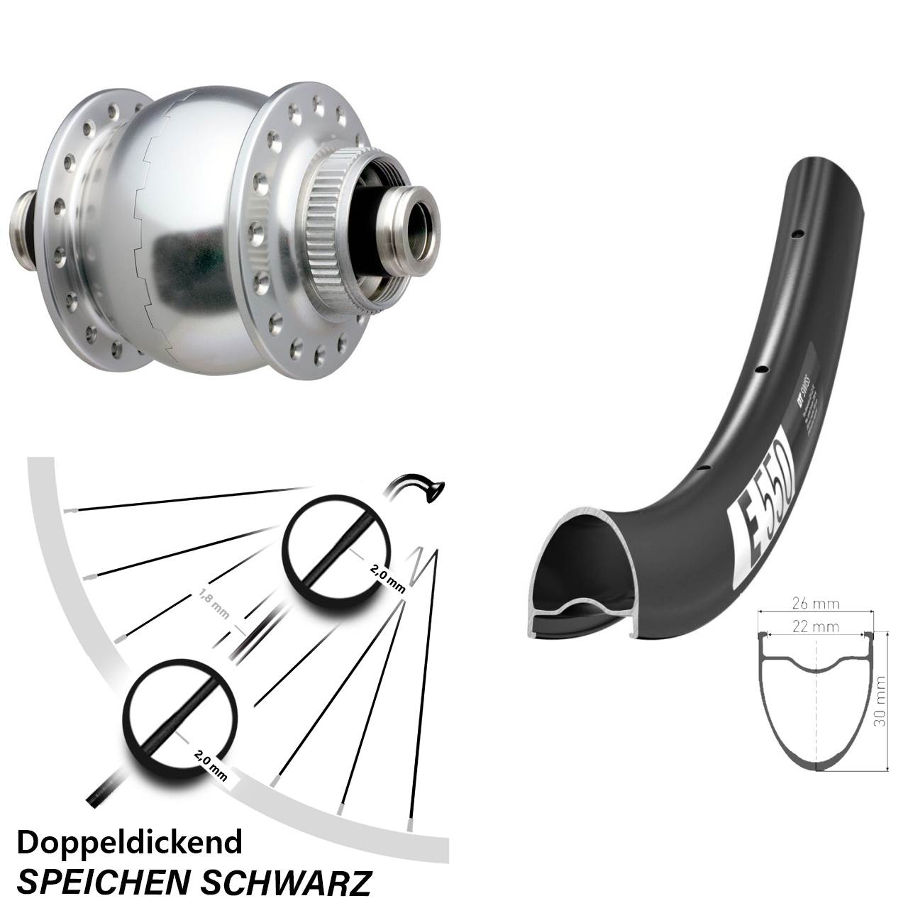DT Swiss E550 SON 28 Zoll silbern Centerlock Vorderrad mit Nabendynamo 12x100