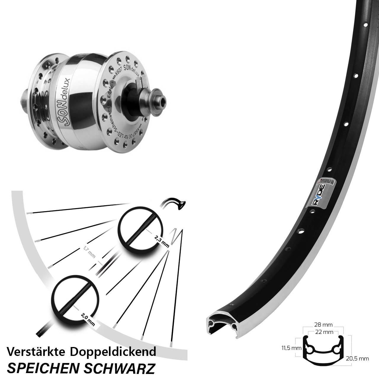 Vorderrad mit Nabendynamo QR 27,5 Zoll Ryde Andra 35 SON delux