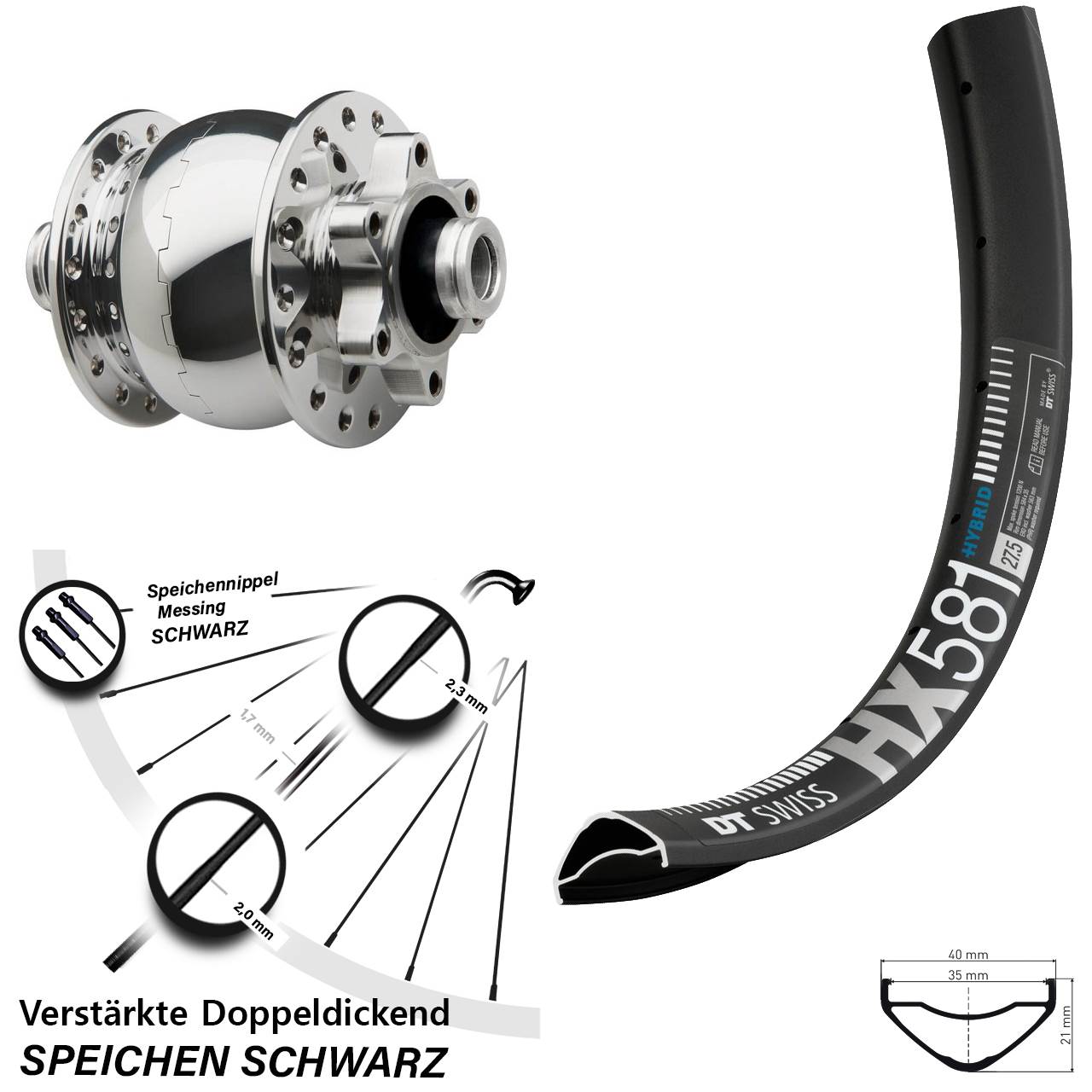 Disc Laufrad mit Nabendynamo 27,5 Zoll DT Swiss HX 581 SON 28 12x100