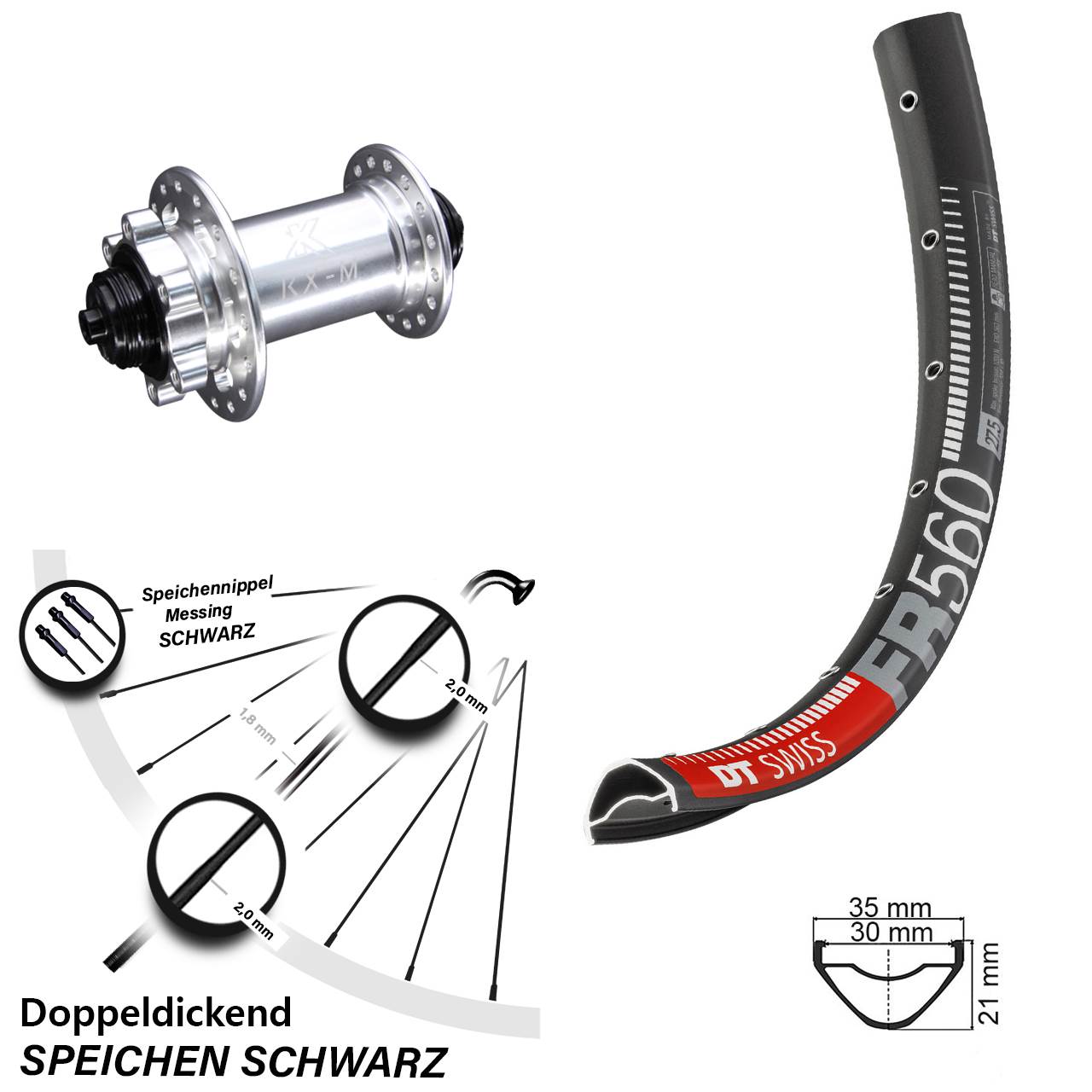 Laufrad 26 Zoll DT Swiss FR 560 Disc KX-M 6-Loch 5/100 silbern