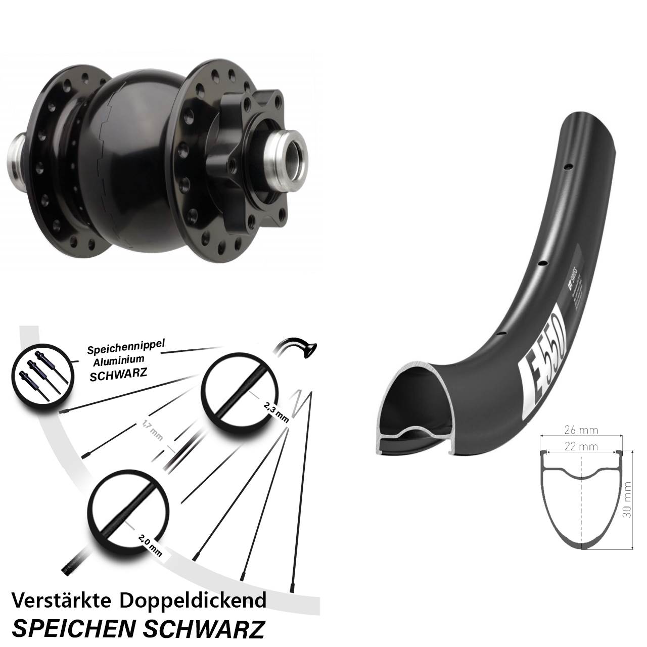 Nabendynamovorderrad 6-Loch 28 Zoll DT Swiss E550 SON28 12x110 Boost
