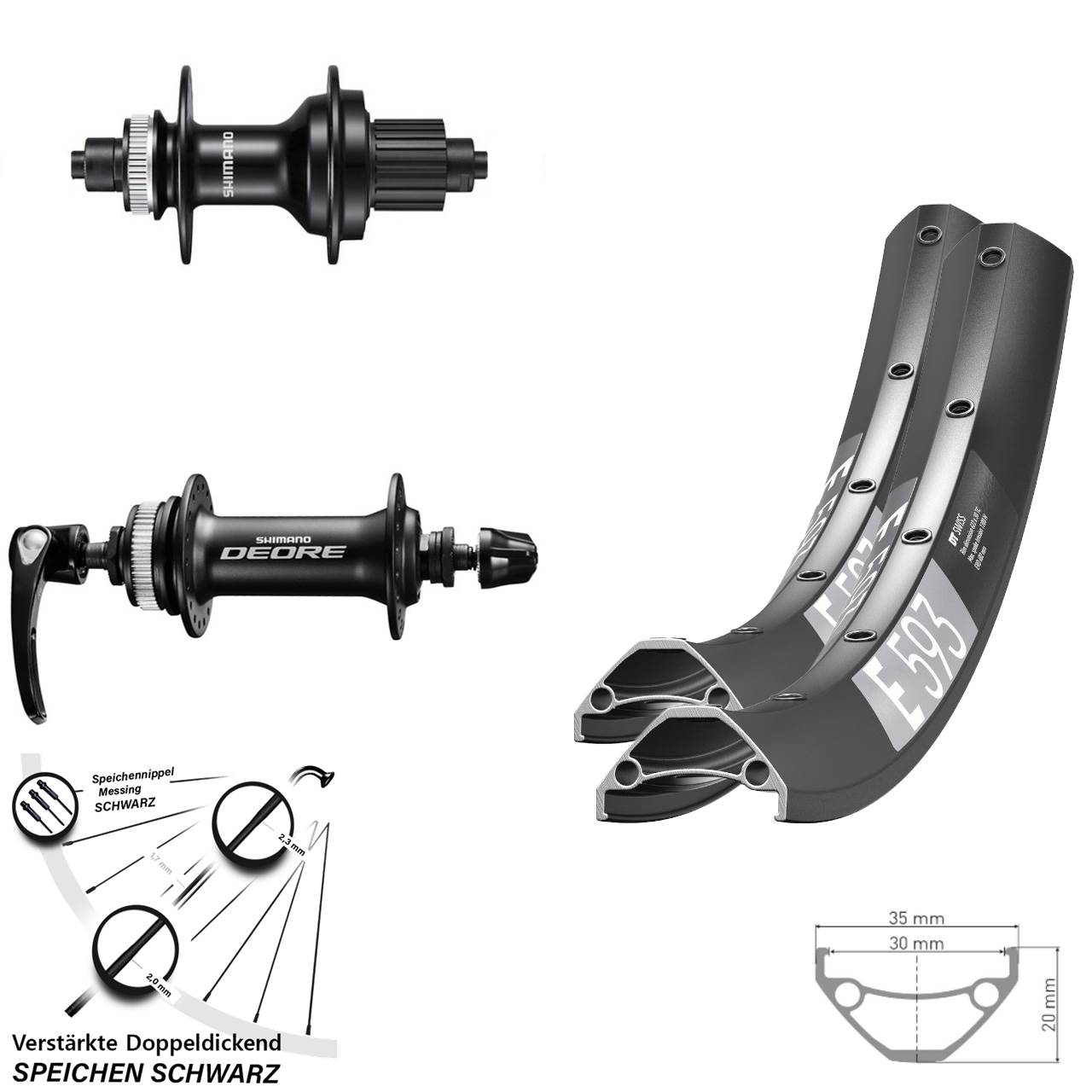 29 Zoll DT Swiss E 593 Shimano FH-MT500 HB-M6000 Laufradsatz Centerlock QR Micro Spline