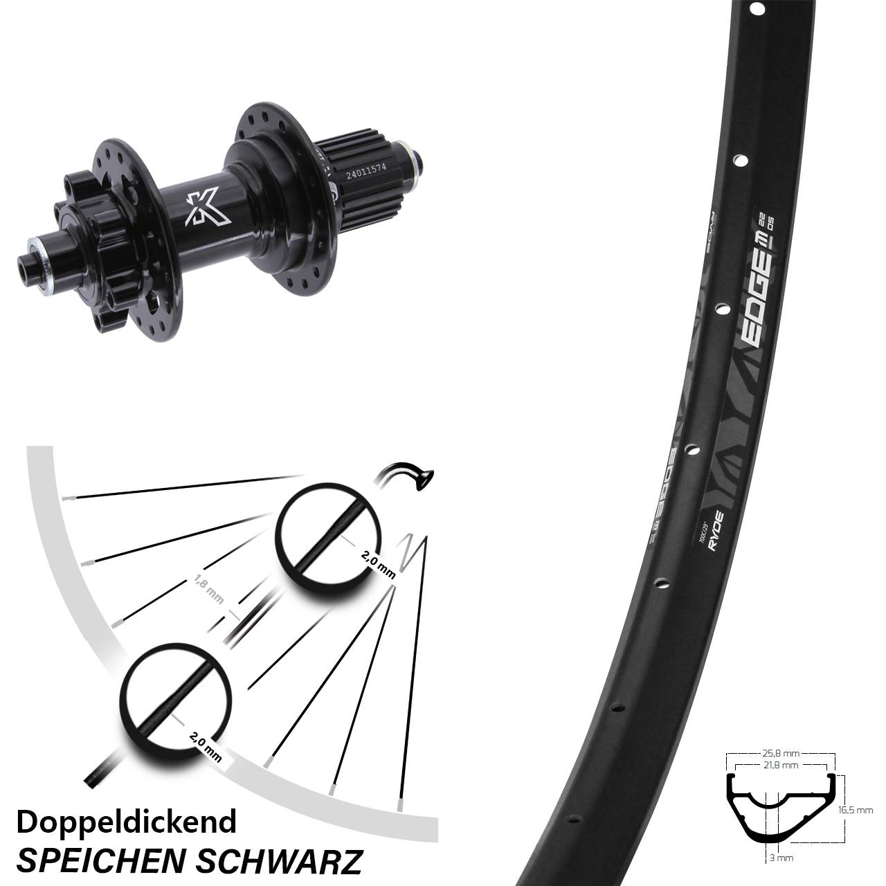 6-Loch Hinterrad 28-29 Zoll Ryde Edge M22 OS KX-M Micro Spline QR