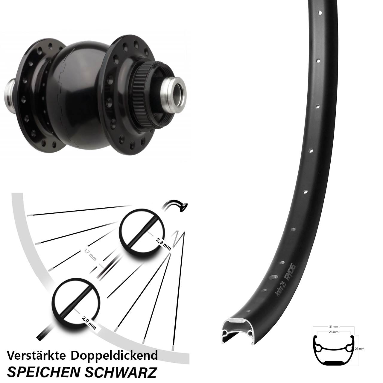 29 Zoll Ryde Andra 25 SON 28 Centerlock Vorderrad mit Nabendynamo 12x110 Boost