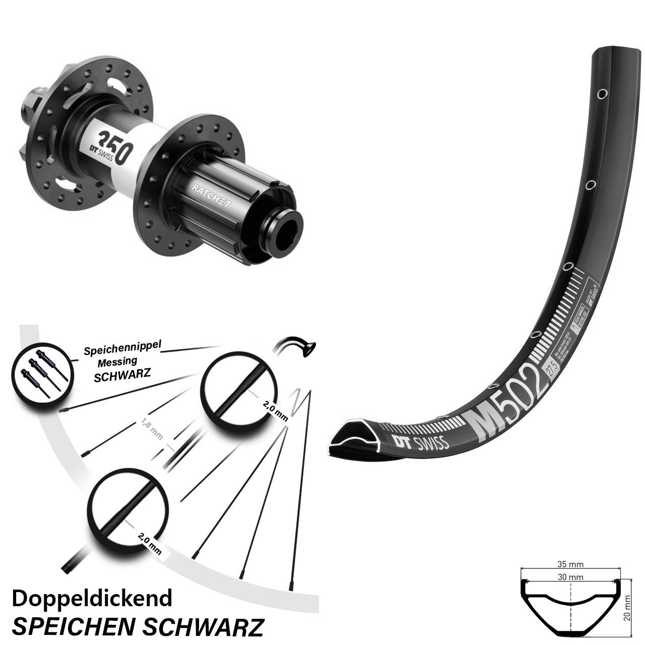 DT Swiss M 502 27,5 Zoll Hinterrad 350 6-Loch 8-11 fach 12x148