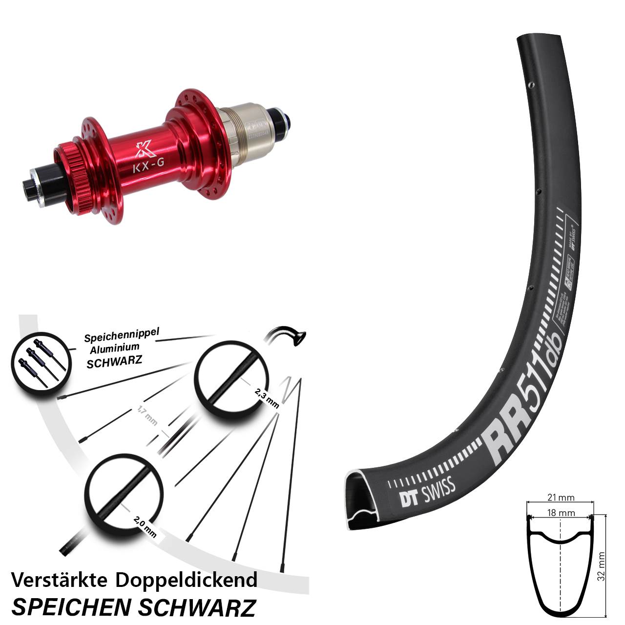 Disc Hinterrad 28 Zoll DT Swiss RR511 KX-G rot XDR 11-12 fach für Schnellspanner