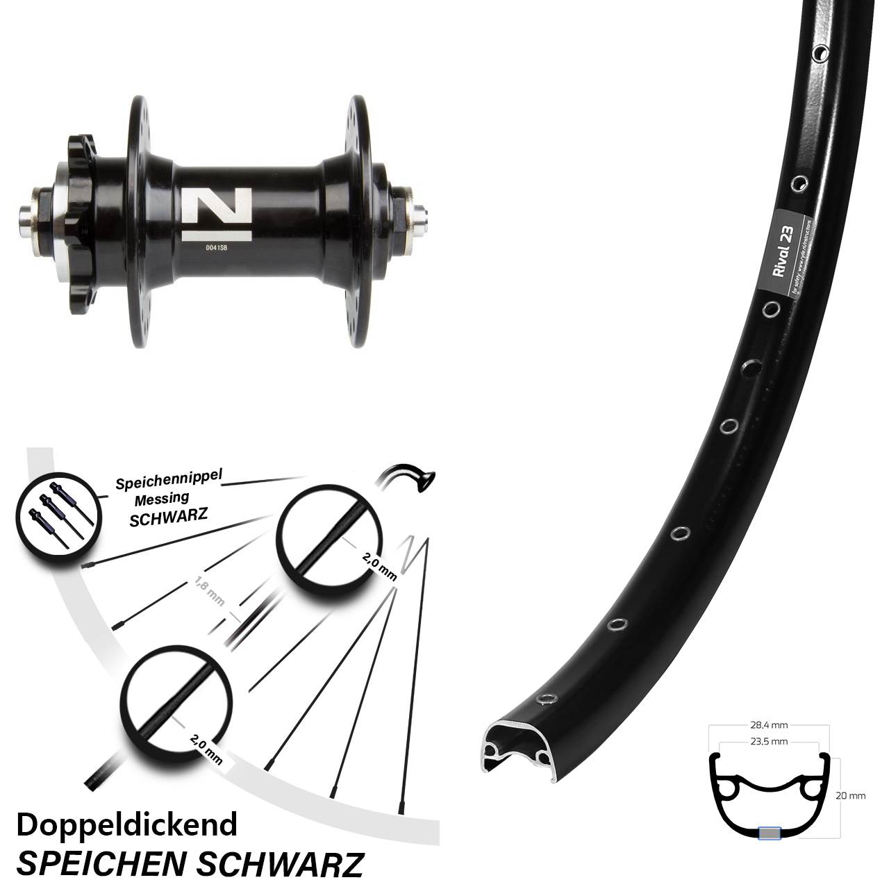 27,5 Zoll Ryde Rival 23 Novatec D041 Disc Vorderrad QR