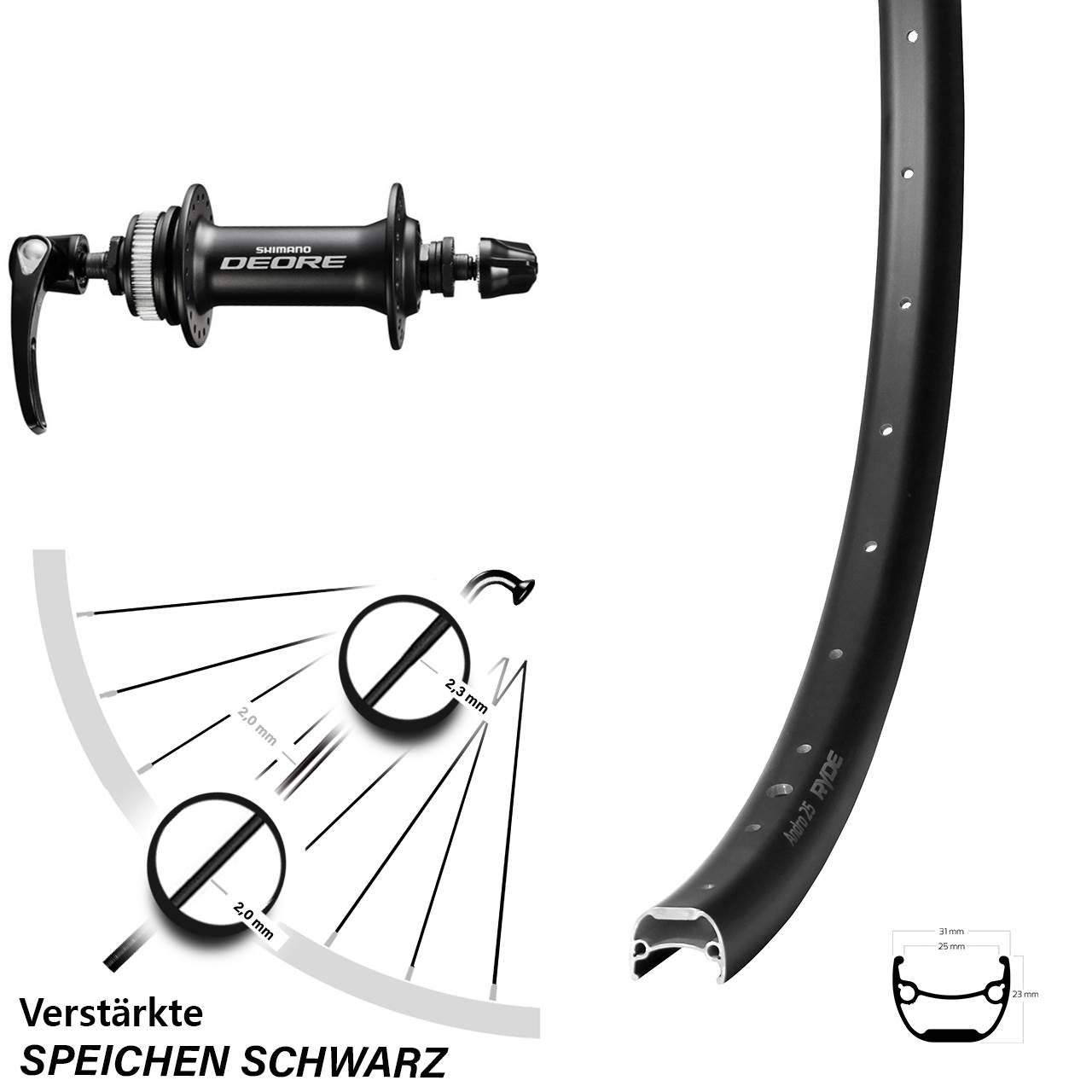 28-29 Zoll Ryde Andra 25 Shimano Deore Centerlock Vorderrad für Schnellspanner