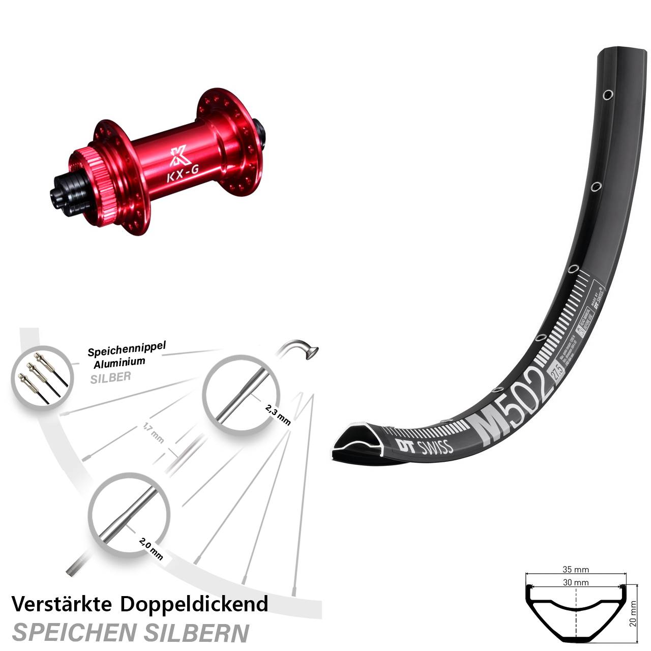 DT Swiss M 502 KX-G rot 29 Zoll Disc Laufrad für Schnellspanner