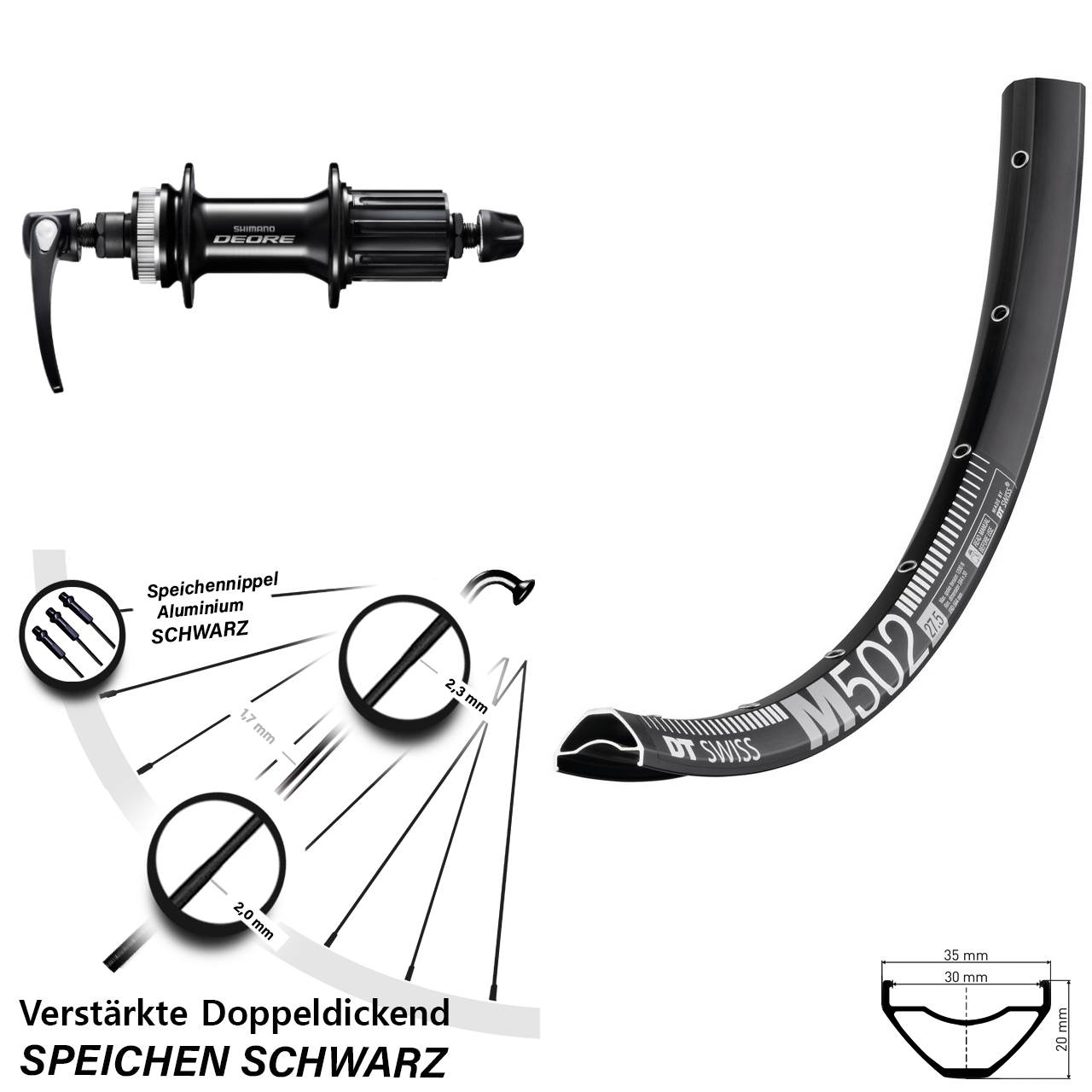 27,5 Zoll DT Swiss M 502 Shimano Deore FH-M6000 Disc Laufrad QR 8-11 fach