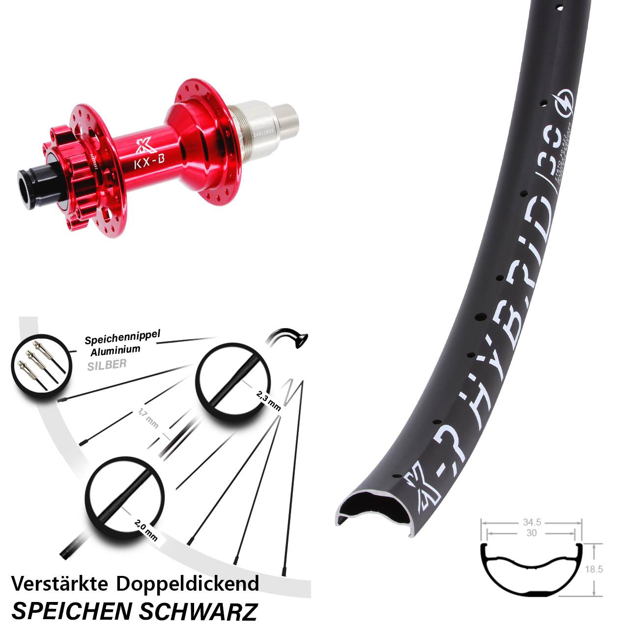 Hinterrad 6-Loch 12x148 29 Zoll KX-BR Hybrid 30 rot XD 11-12 fach