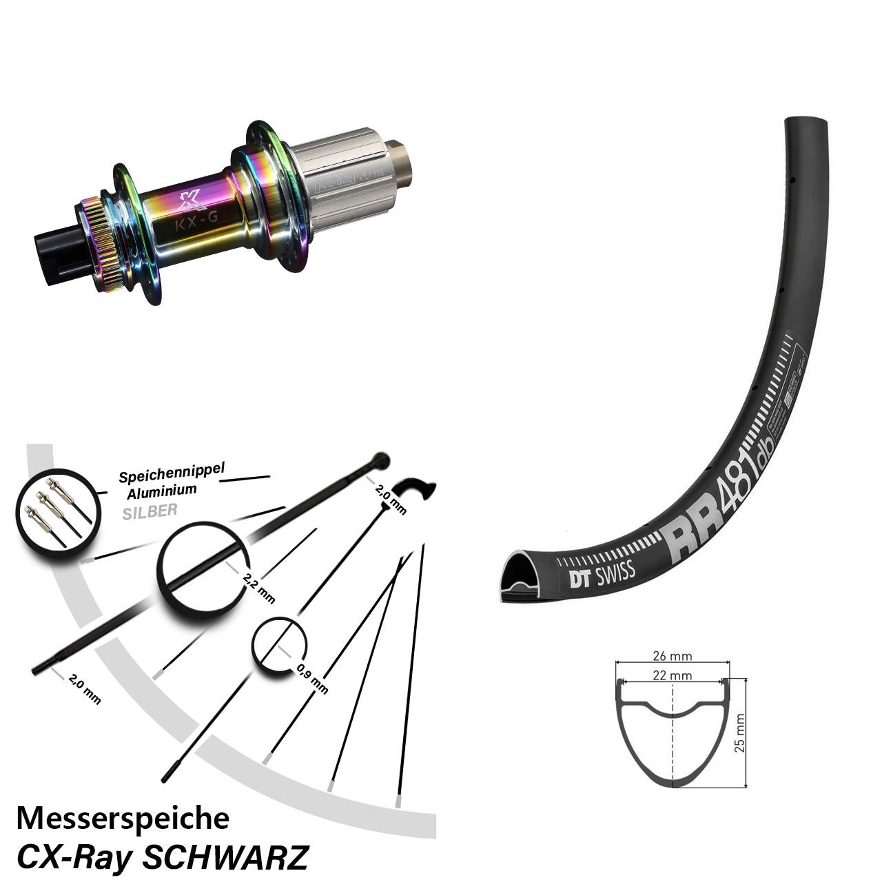 KX-G Oilslick Hinterrad 28 Zoll DT Swiss RR 481 12x142 mm CX Ray Messerspeiche 8-12 fach