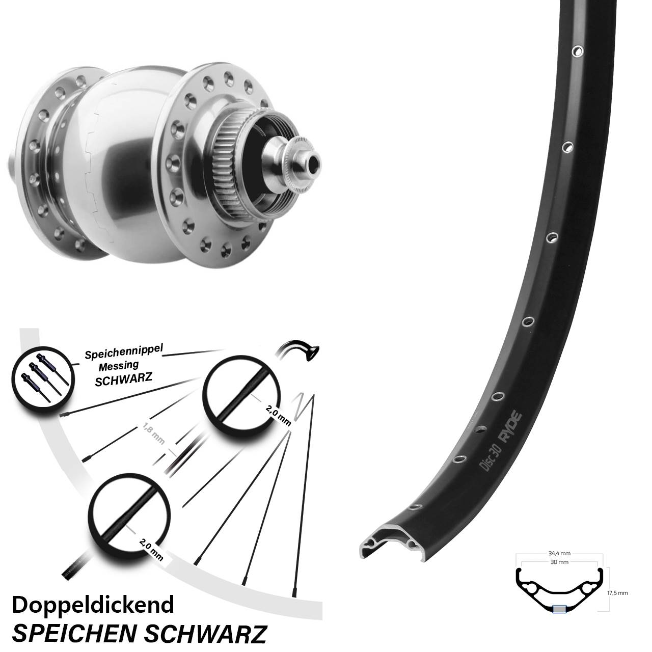 SON 28 Ryde Disc 30 27,5 Zoll Laufrad mit Nabendynamo QR