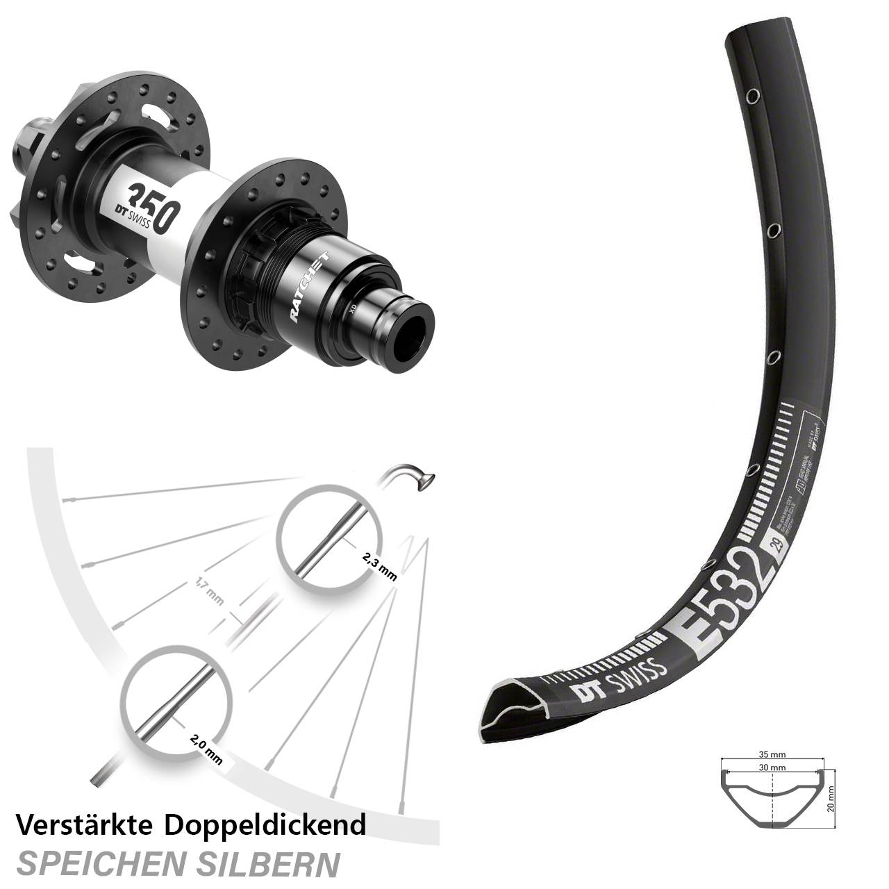 29 Zoll DT Swiss E 532-350 Ratchet 36 Disc Hinterrad 12x142 SRAM XD