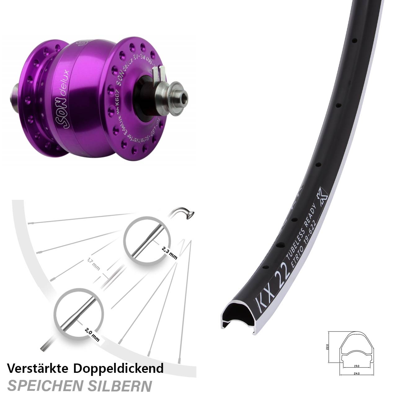 SON delux violett KX 22 28 Zoll Laufrad mit Nabendynamo für Schnellspanner