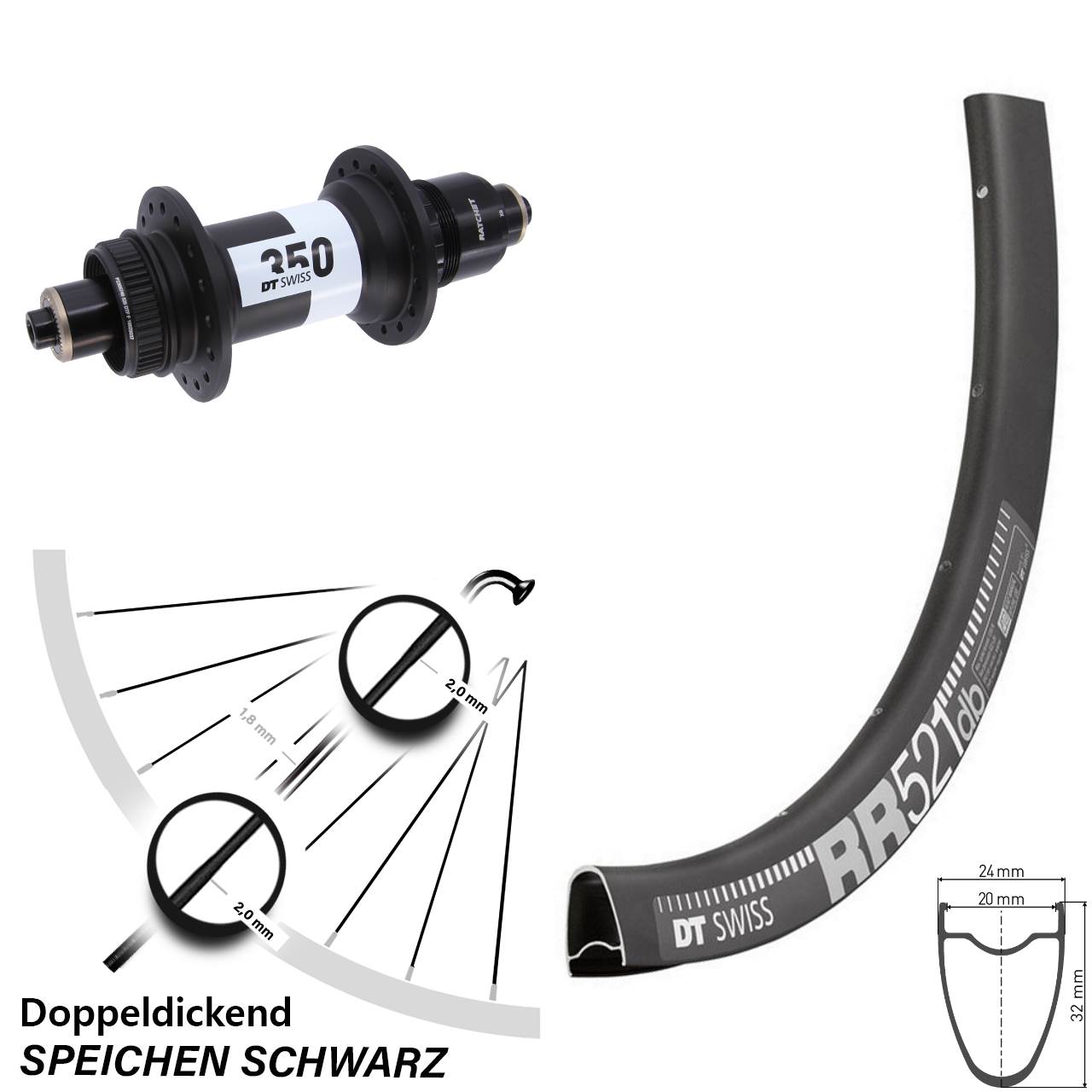 DT Swiss RR 521-350 28 Zoll Disc Laufrad für Schnellspanner SRAM XD
