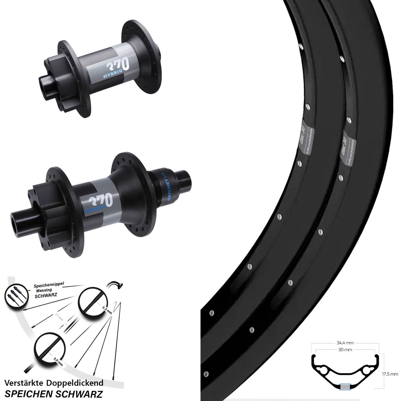 27,5 Zoll Ryde Disc 30 DT Swiss 370 Hybrid Laufrad-Satz 15x110 12x148 XD