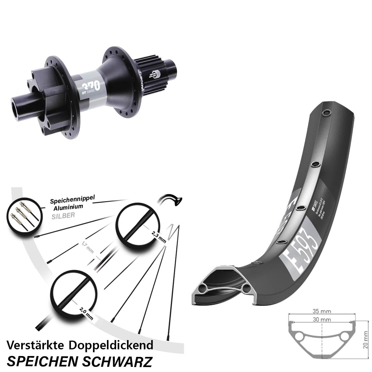 29 Zoll DT Swiss E 593-370 Hinterrad 6-Loch 12x142 Micro Spline