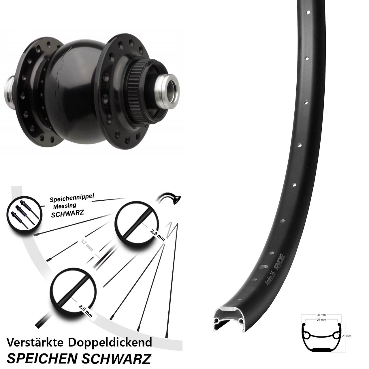 29 Zoll Ryde Andra 25 SON 28 Centerlock Vorderrad mit Nabendynamo 12x110 Boost