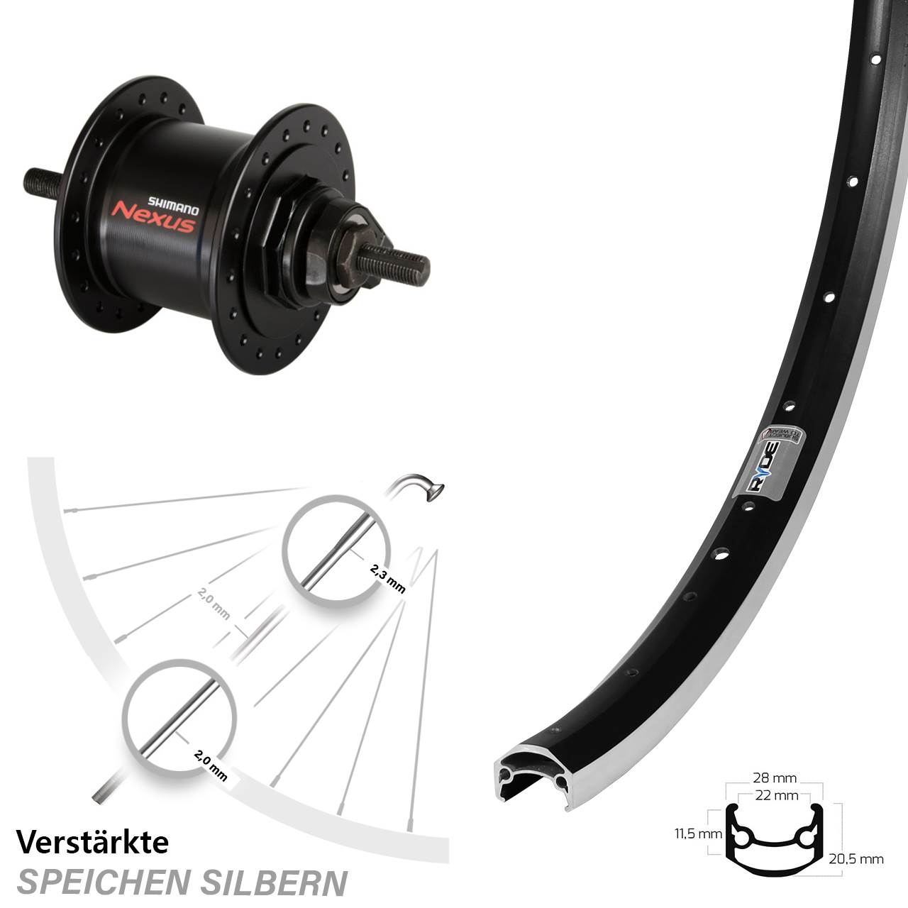 Ryde Andra 35 Shimano Nexus DH-C3000-1N 650B Vorderrad mit Nabendynamo Vollachse