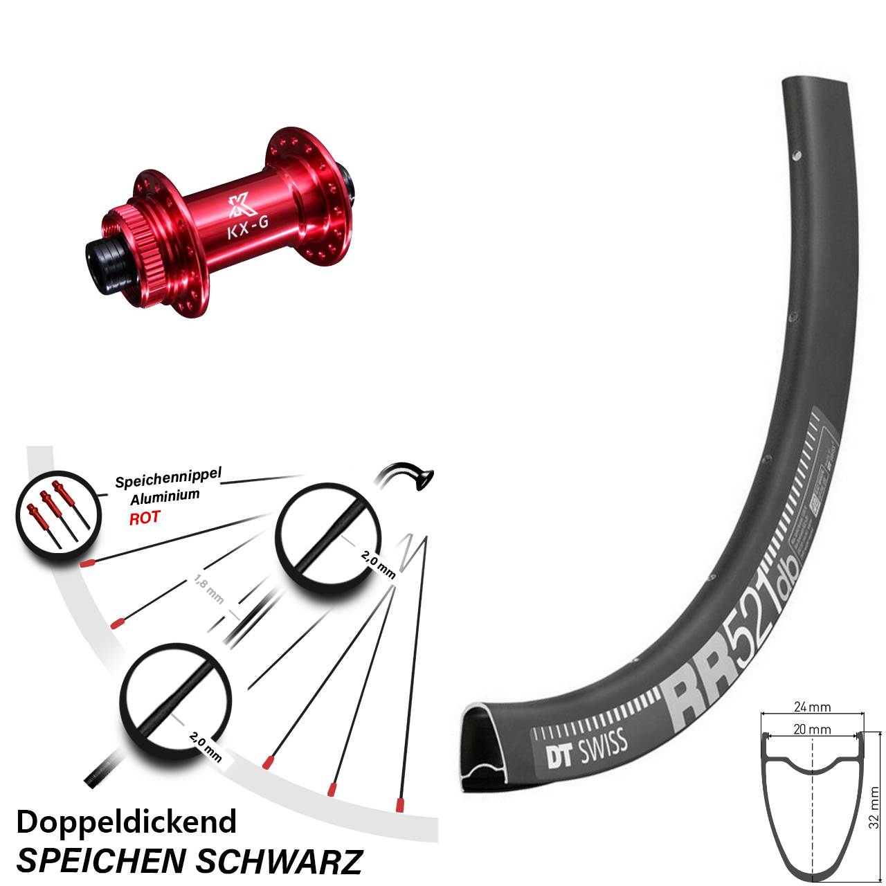 Vorderrad 28 Zoll DT Swiss RR 521 DB Nabe rot-eloxiert KX-G für Steckachse