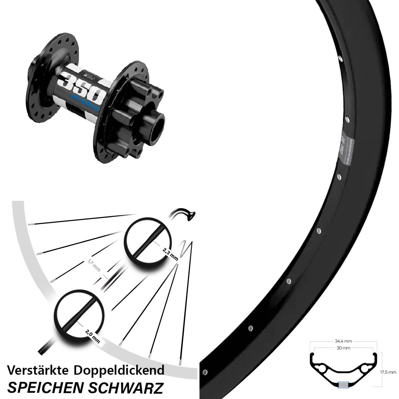 29 Zoll Ryde Disc 30 DT Swiss 350 Hybrid Vorderrad 6-Loch 15x110 Boost