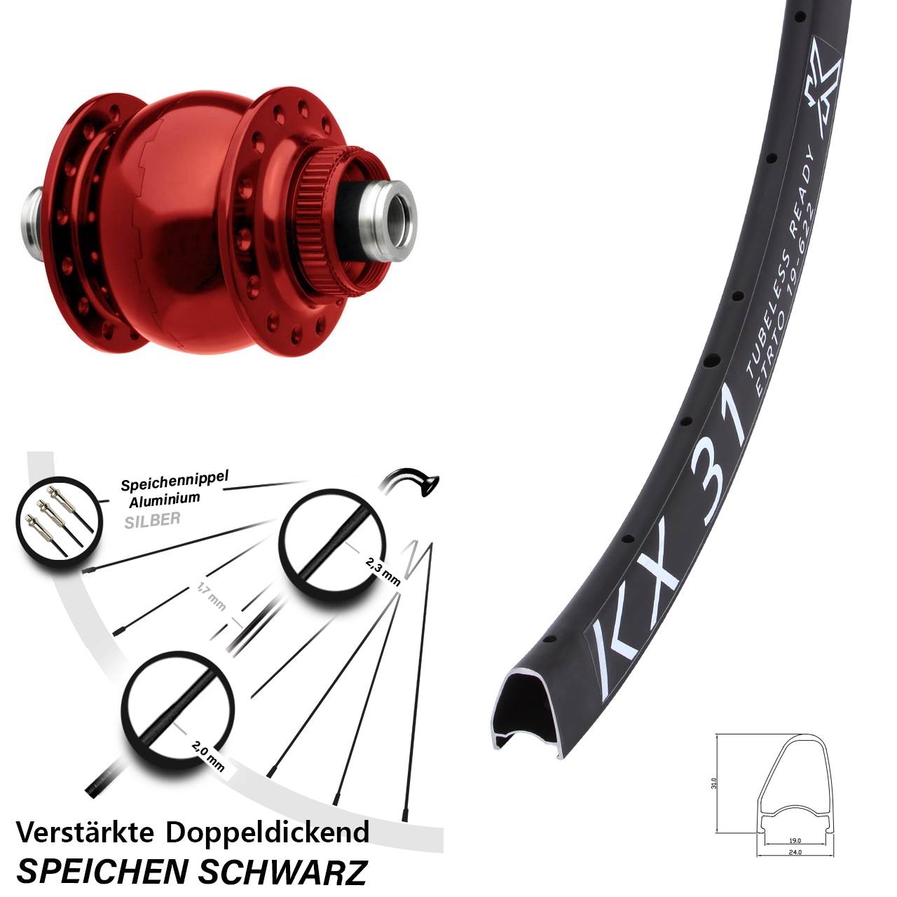 Centerlock Dynamo-Vorderrad 12x100 roter SON 28 Zoll KX 31