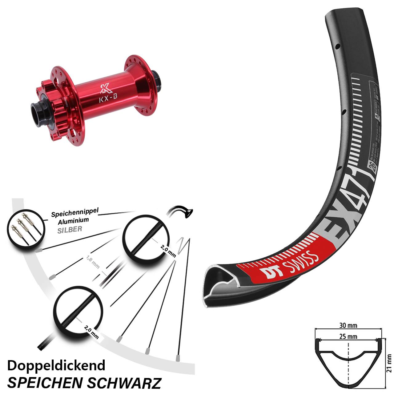 29 Zoll DT Swiss EX471 KX-B rot Vorderrad 6-Loch 15x110 Boost