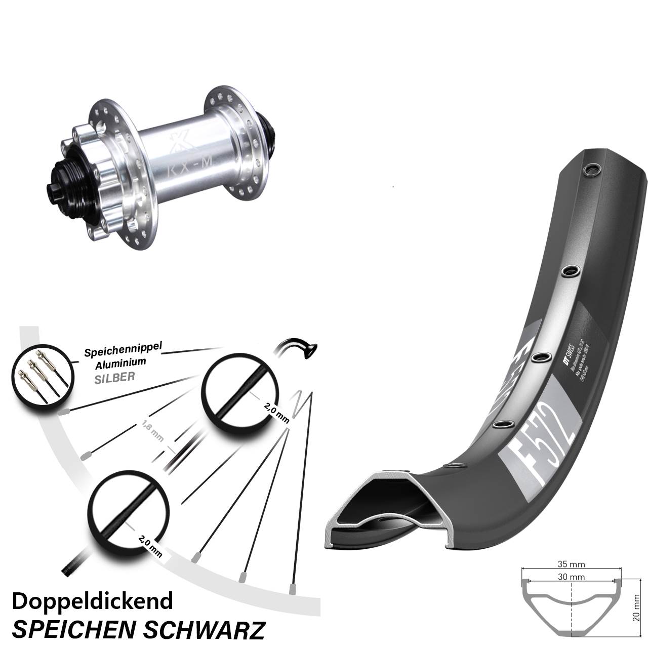 29 Zoll DT Swiss F572 KX-M 6-Loch Vorderrad QR