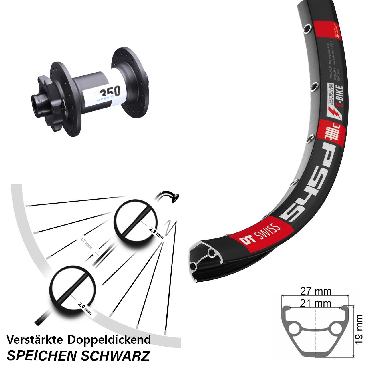 Disc Vorderrad 26 Zoll E-Bike 545d DT Swiss 350 Hybrid 15x110 Boost