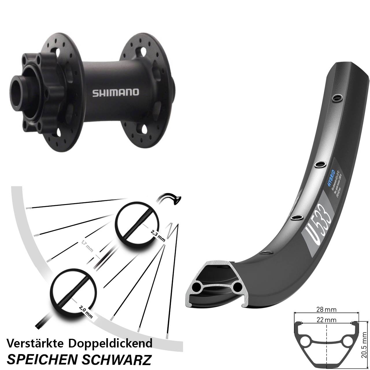 Vorderrad 6-Loch 15x100 26 Zoll DT Swiss U533 Shimano Deore XT HB-M758