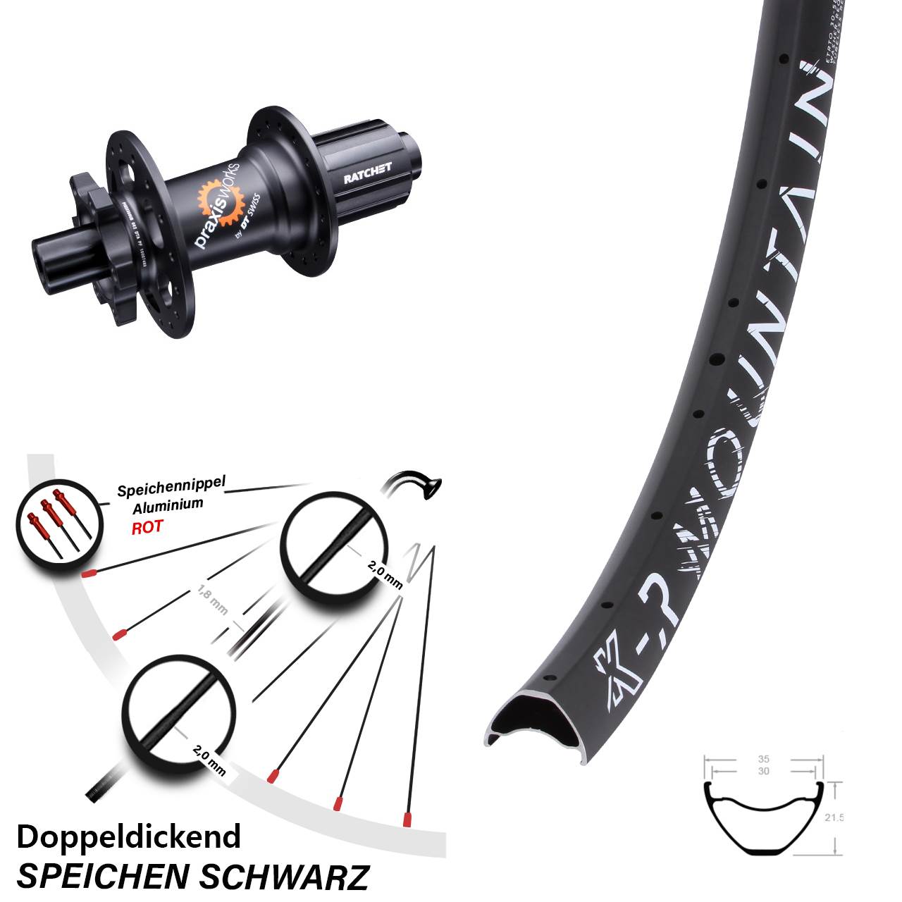 29 Zoll Hinterrad DT Swiss 350 SL MTB 11-fach KX-R Mountain 30-622 ETRTO 12x142 mm